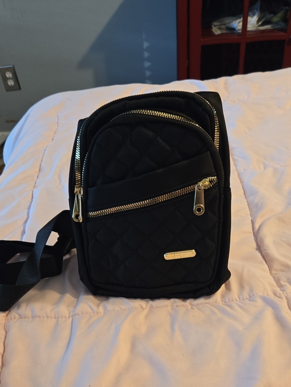 Black Quilted Sling Belt Bag with Gold Accents